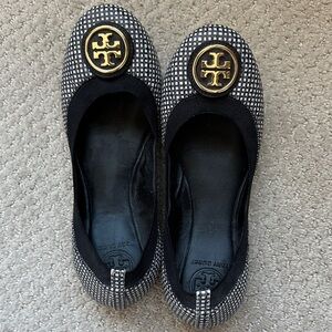 Tory Burch Checkered Black & White Flats with Gold Emblem